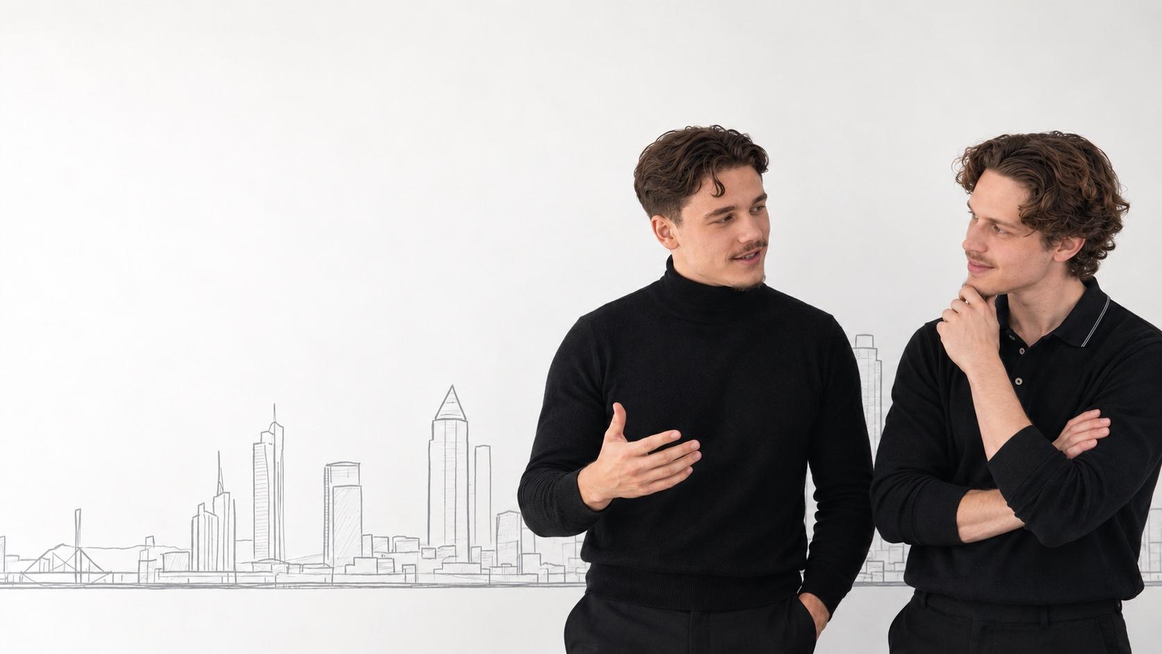 Lukas Schimanko erklärt Patrick Aulinger den Akquiseprozess vor einer gezeichneten Frankfurter Skyline. KI-generiertes Bild.